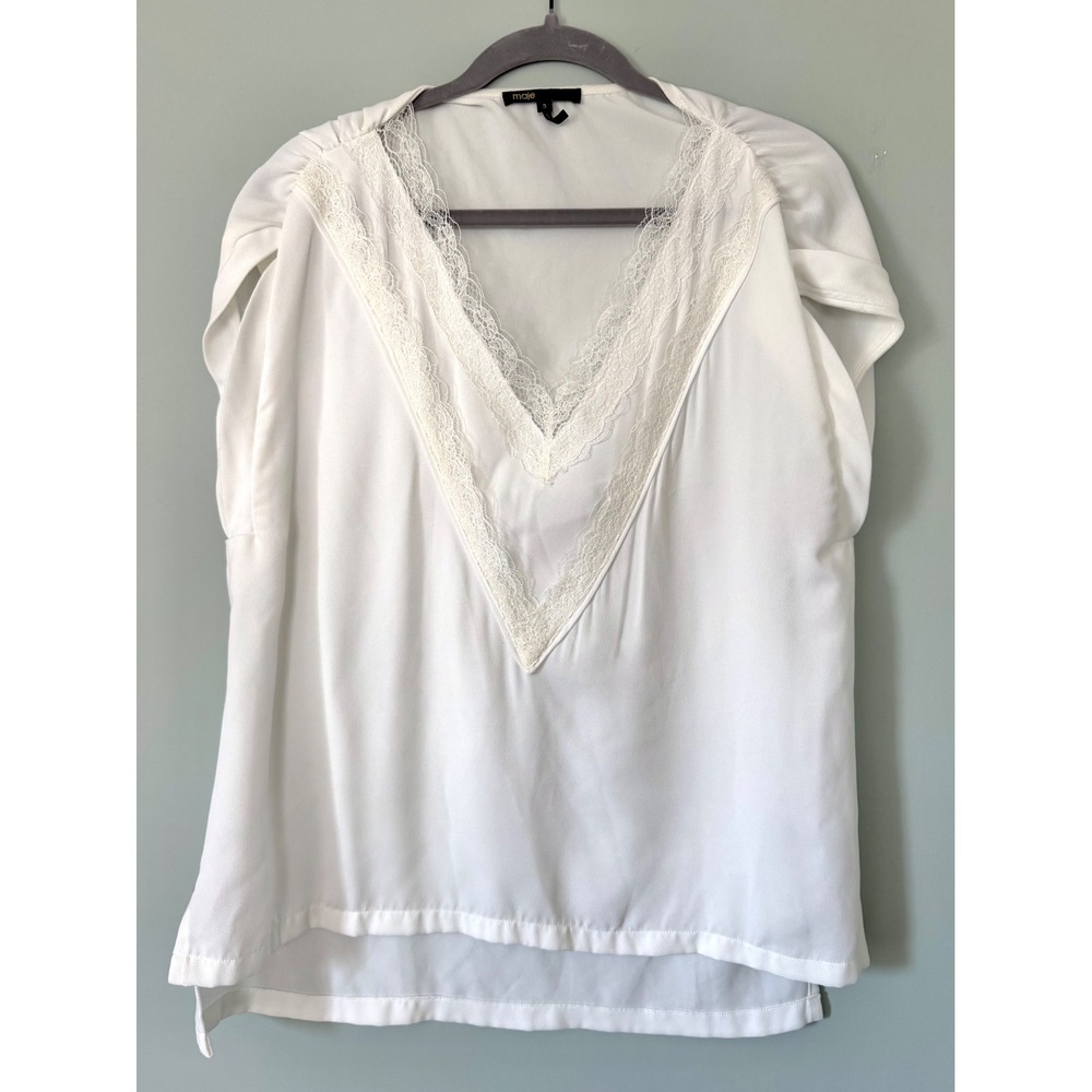 Maje Lushane Lace Trim V-Neck Cap Sleeve Blouse White Ivory Shirt Top Size Large - Picture 2 of 8